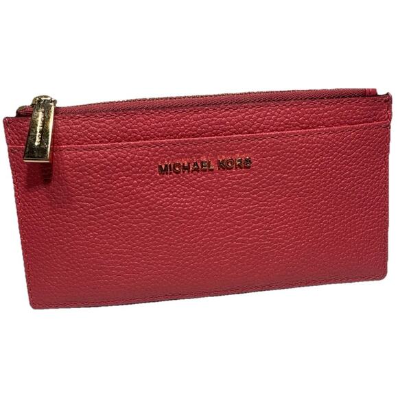 Michael Kors Wallet Coral Pink Pebble Leather Top Zip Outside Pockets/Cards NWOT - Picture 1 of 12